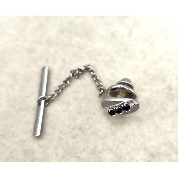 Vintage Silver Tie Tack With Black Stone Accents & Chain For Mens Formal Wear - Picture 2 of 2